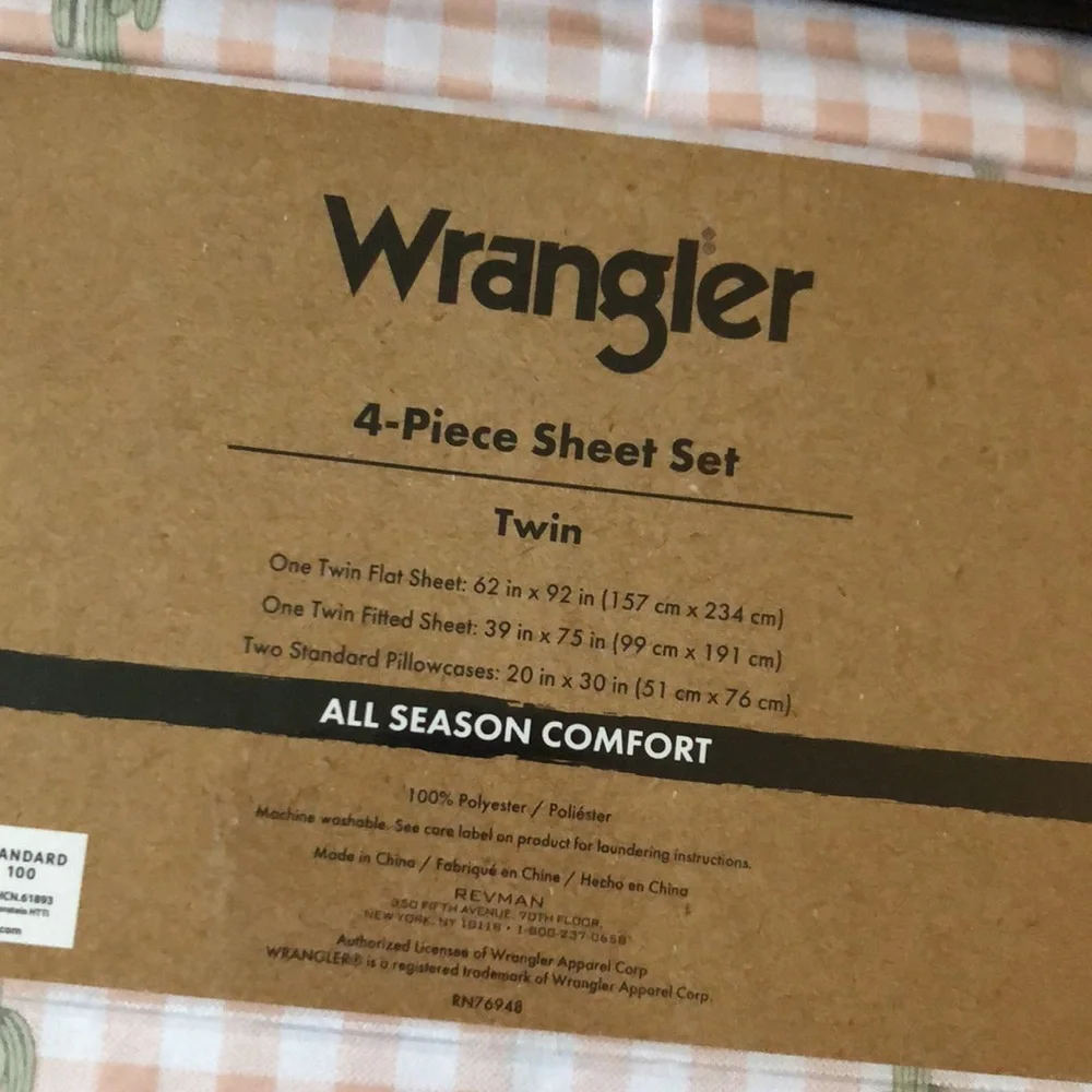 Wrangler Pink Gingham TWIN Sheet Set with Green Cactus Accents